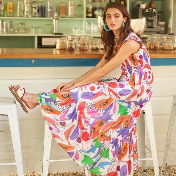 Oliphant ruffle neck maxi dress in papaya floral print M - Picture 3 of 13